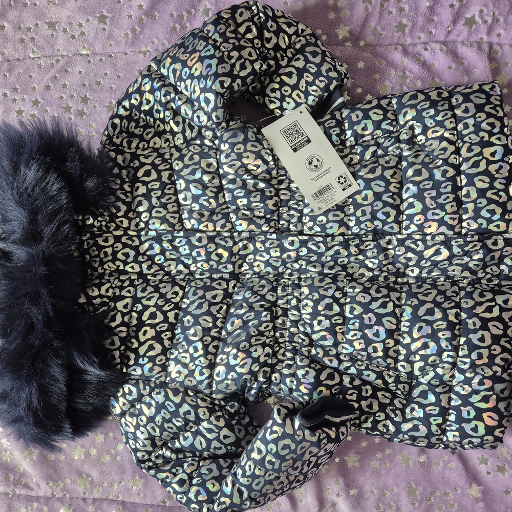 Leopard Print Puffer Jacket with Faux Fur Trim